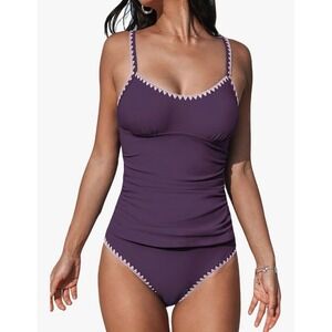 Cupshe Purple Crochet Trim Ruched Tankini Set High Waisted Medium CAA12D4K175YY